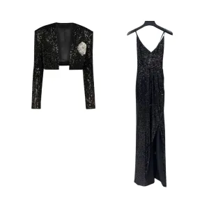 Pre Order:  Classic Sequined Cropped Jacket   Strappy Maxi Dress