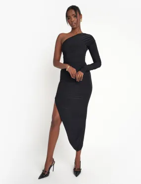 Ruched One Shoulder Maxi Dress Black