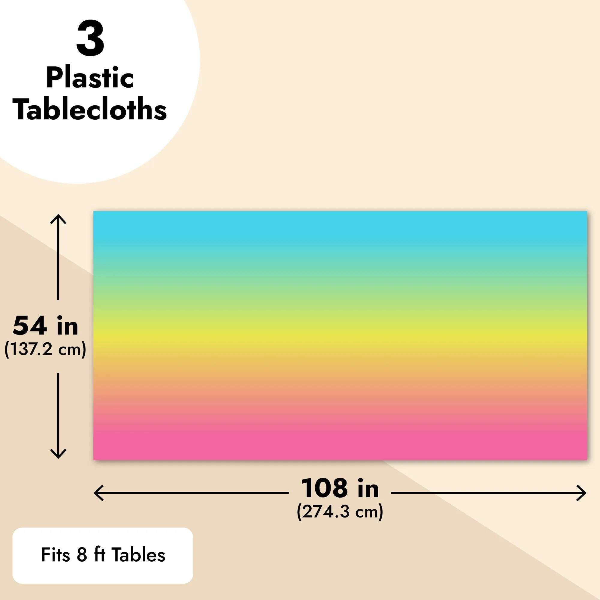 3 Pack Plastic Ombre Rainbow Tablecloth, Pastel Table Covers for Birthday Party Decorations (54x108 in)