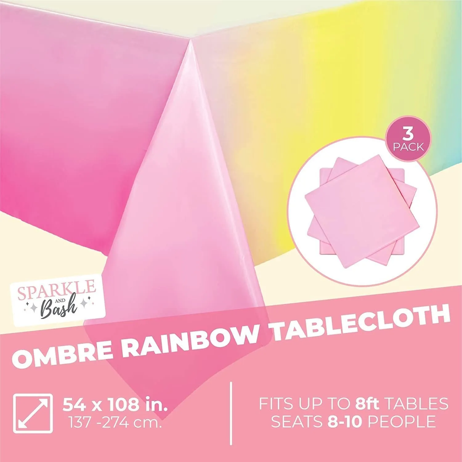 3 Pack Plastic Ombre Rainbow Tablecloth, Pastel Table Covers for Birthday Party Decorations (54x108 in)