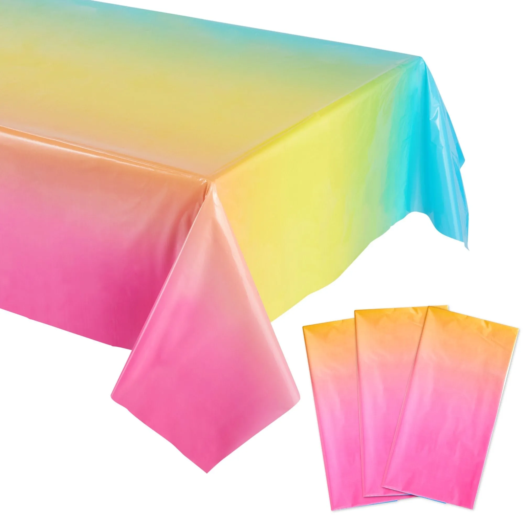 3 Pack Plastic Ombre Rainbow Tablecloth, Pastel Table Covers for Birthday Party Decorations (54x108 in)