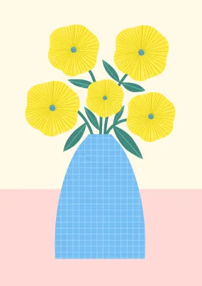 Abstract Yellow Flowers in Blue Vase