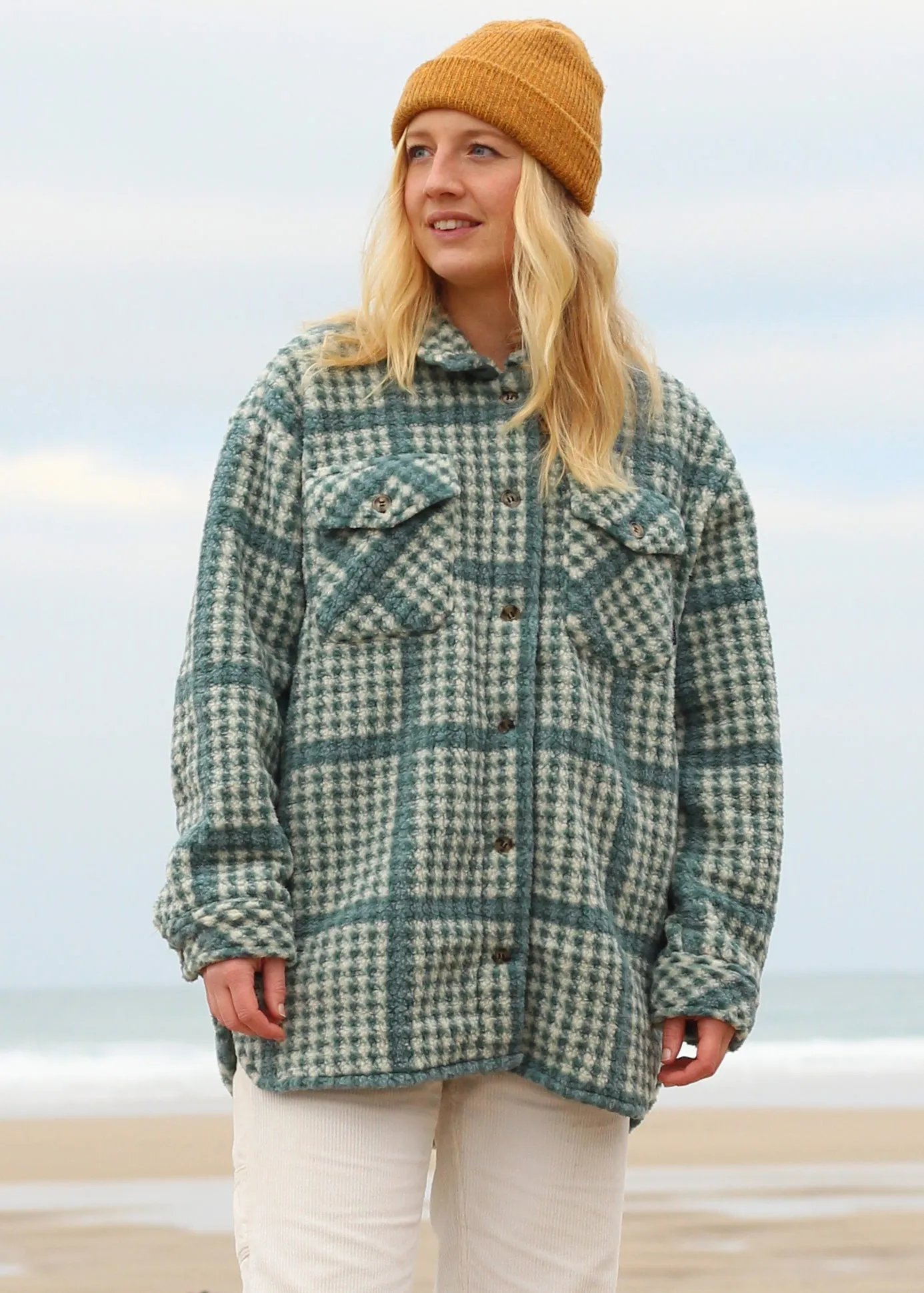 Akino Green Check Teddy Fleece Shacket