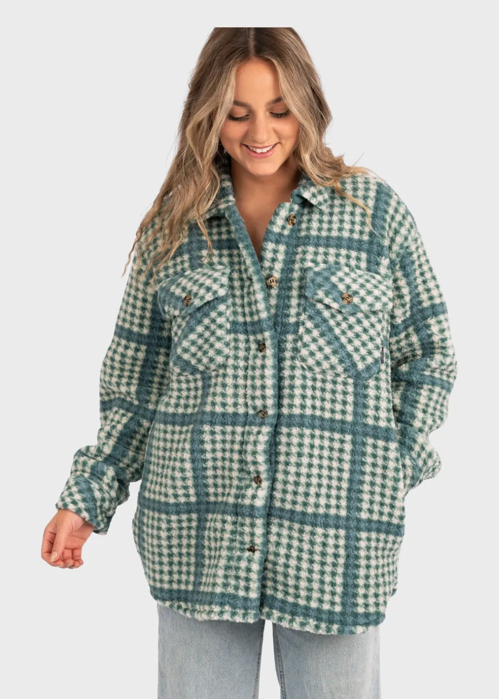 Akino Green Check Teddy Fleece Shacket