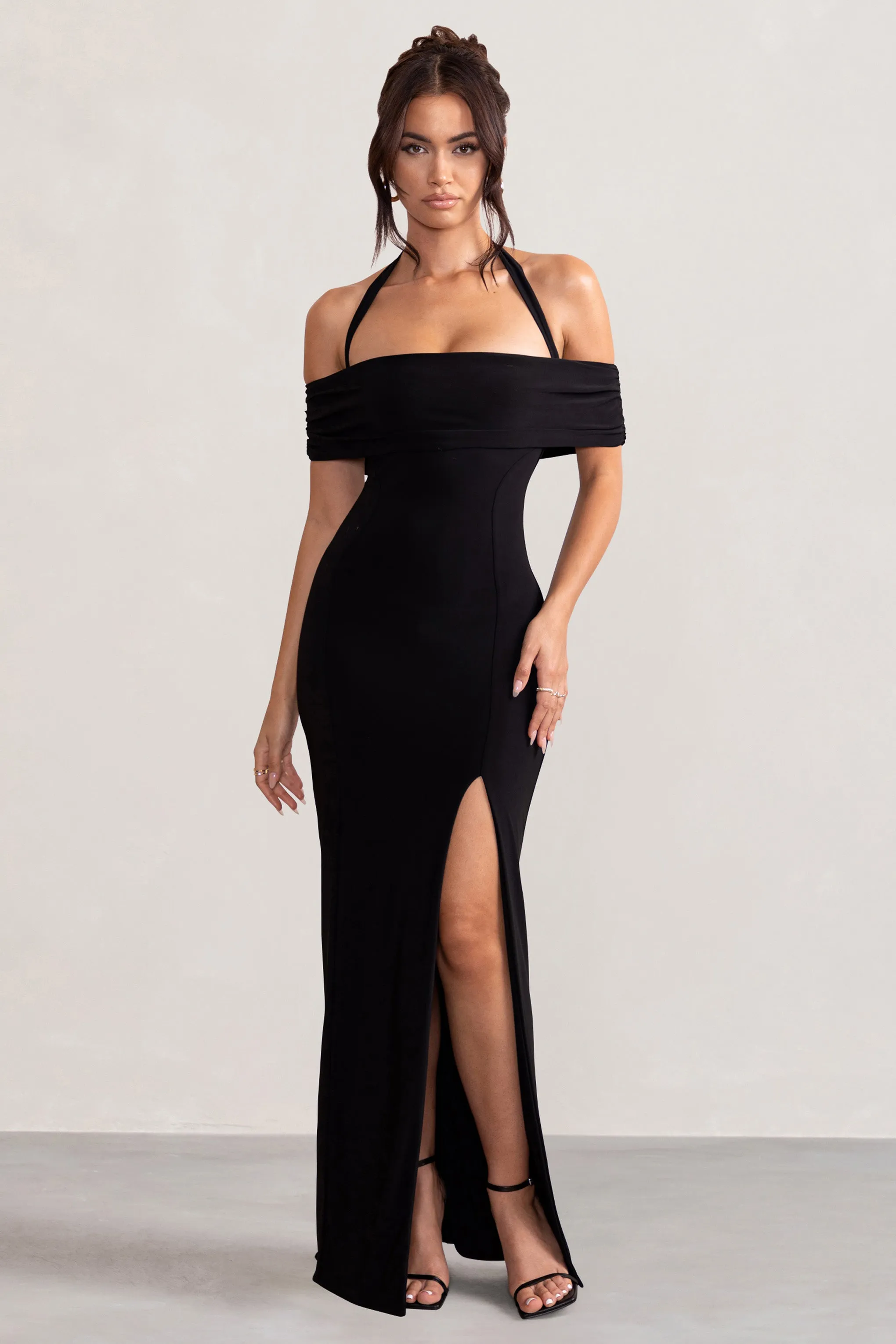 Anisa | Black Halter Neck Bardot Maxi Dress With Thigh Split