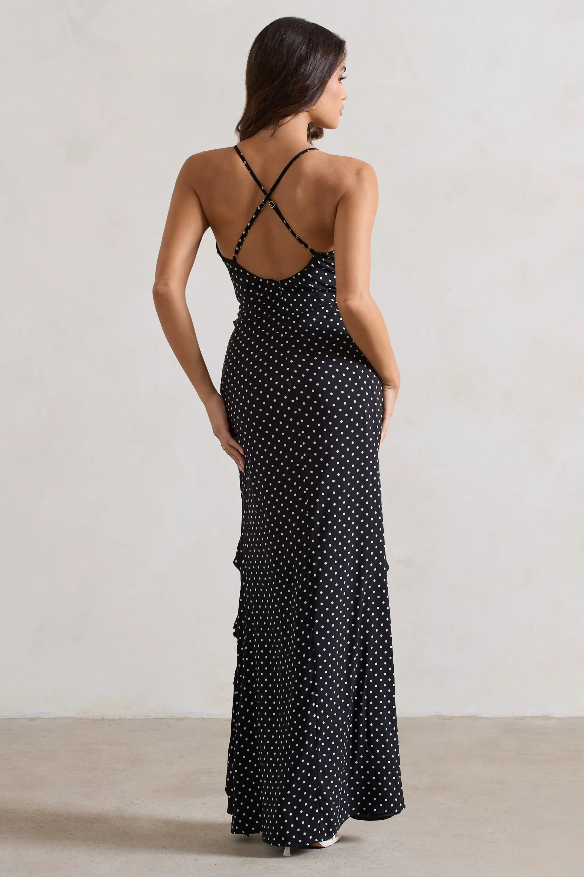 Annabelle | Black Polka Dot Ruffled Maxi Dress With Corsage