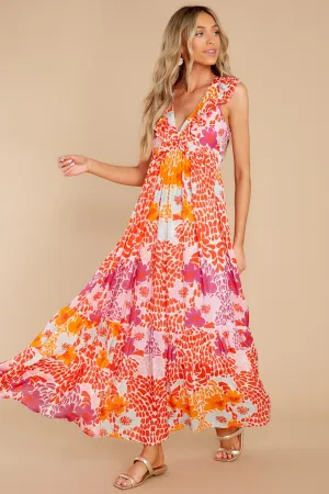 Antigua Orange Ruffle V-Neck Maxi Dress