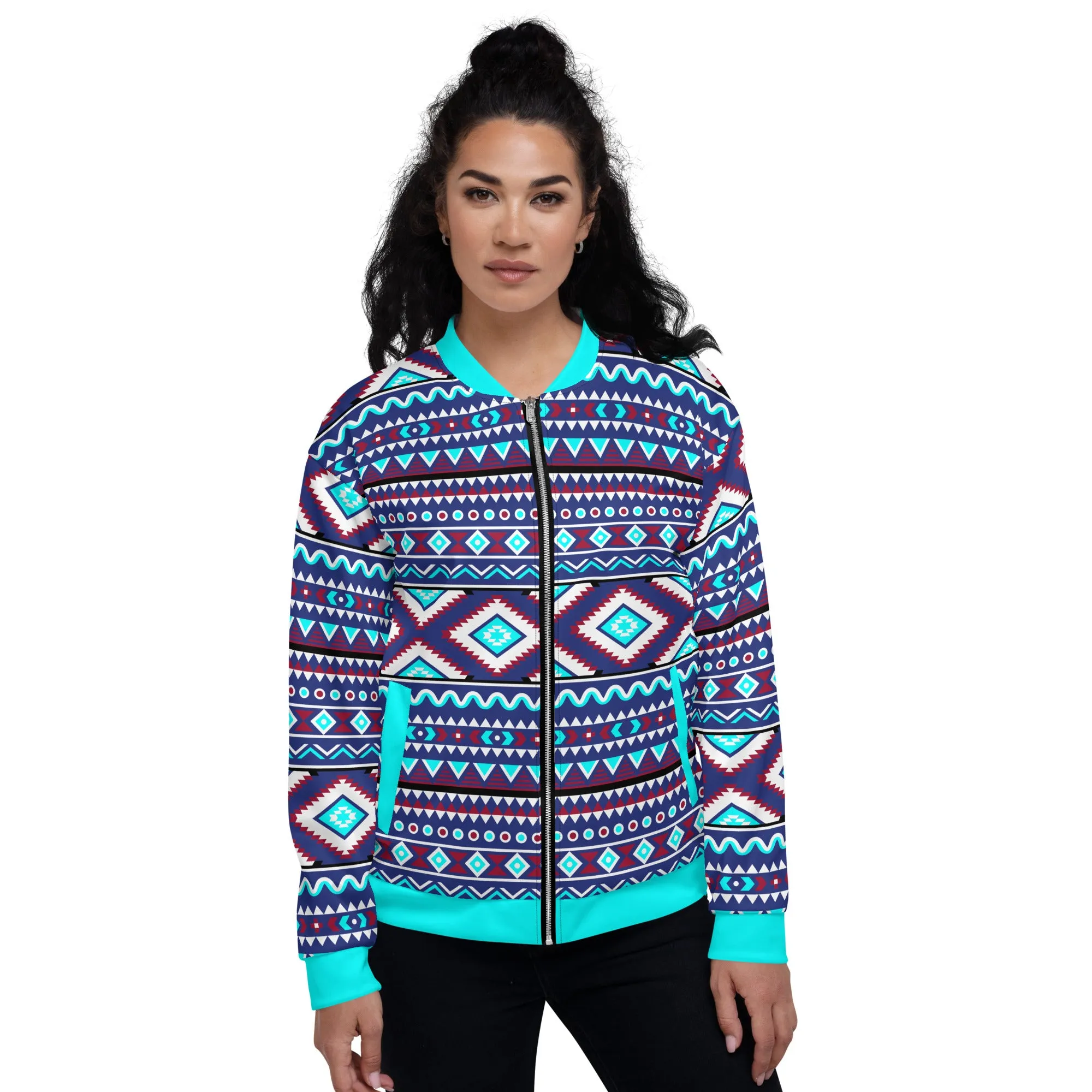 Aqua Aztec Unisex Bomber Jacket