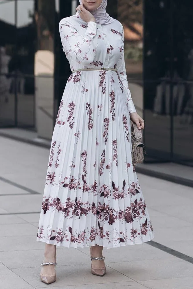 Asmaa pleated high collar neck maxi dress in bordeaux floral