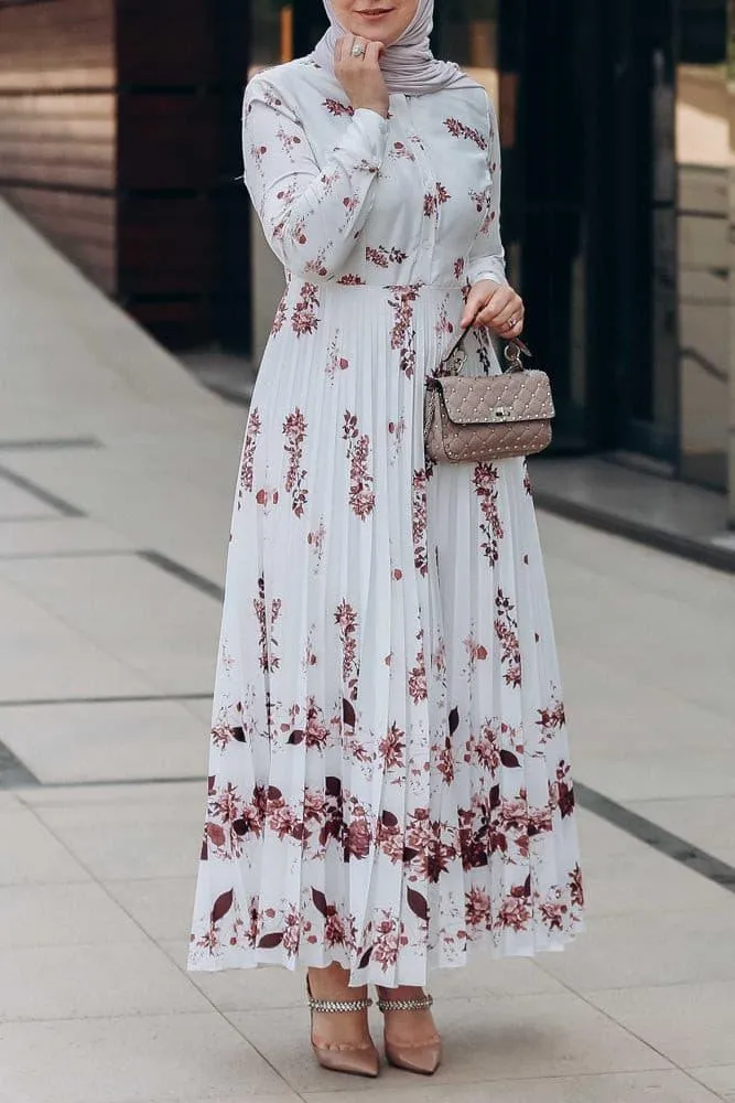 Asmaa pleated high collar neck maxi dress in bordeaux floral