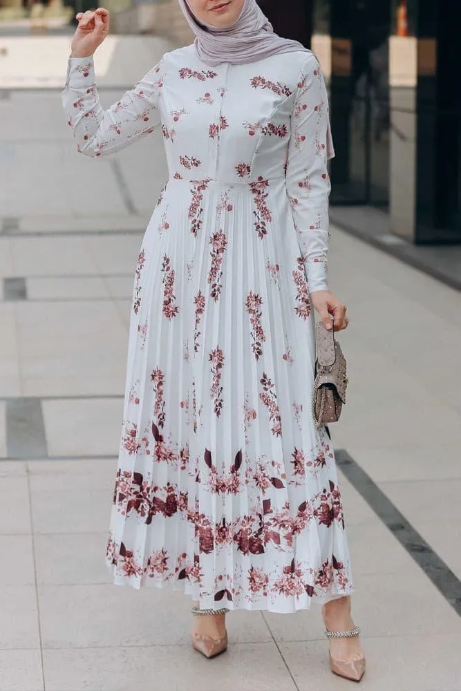 Asmaa pleated high collar neck maxi dress in bordeaux floral