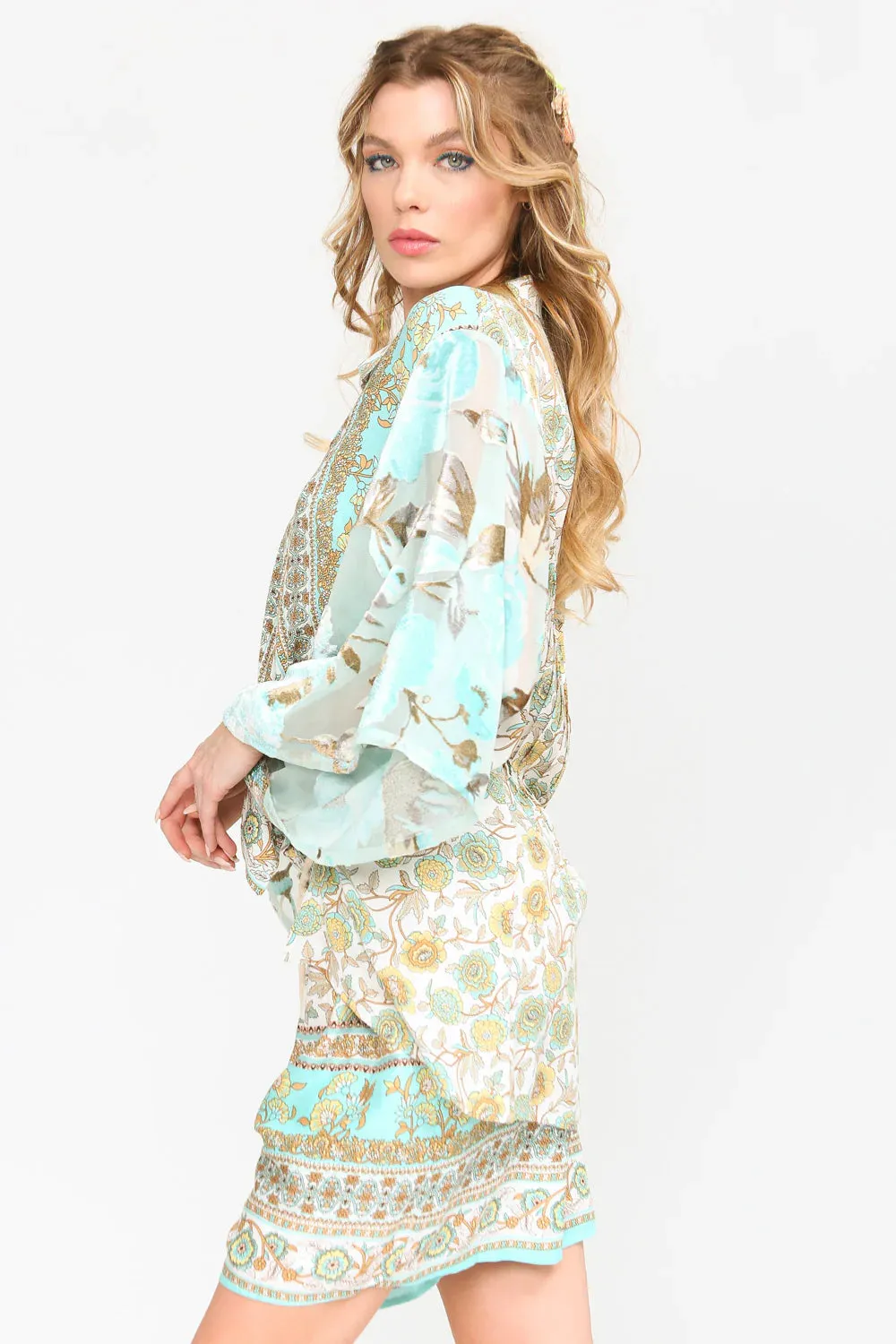 Baby Blue Shirt With Flowers And Printed Sleeves