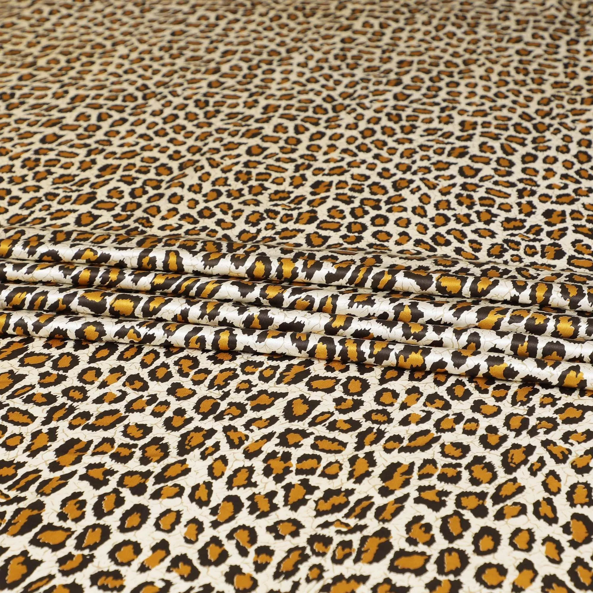 Beige premium 100% pure silk satin fabric with mustard, olive green and black print in animal skin design-D9287