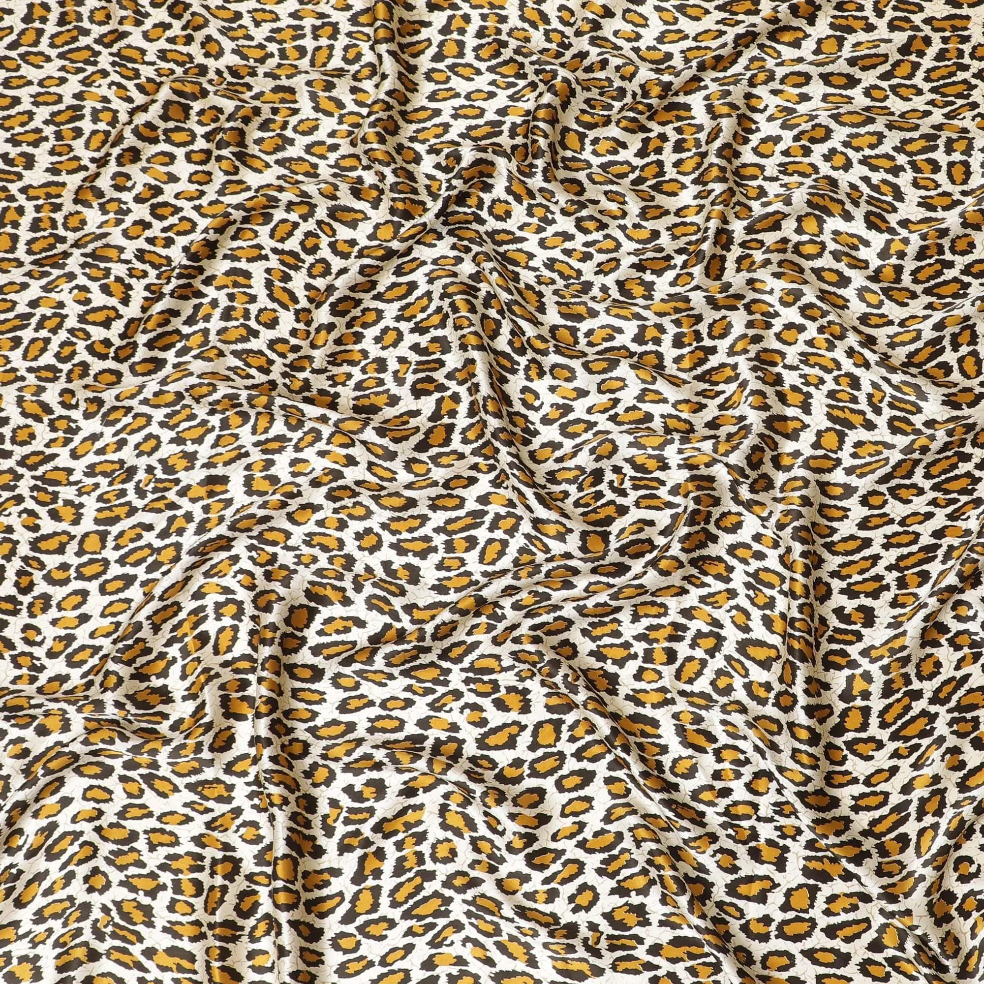 Beige premium 100% pure silk satin fabric with mustard, olive green and black print in animal skin design-D9287