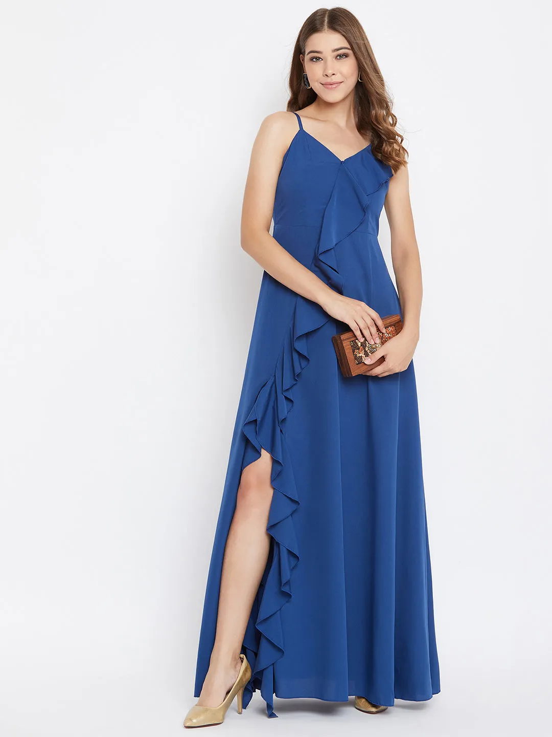 Berrylush Women Solid Blue V-Neck Thigh-High Slit Ruffled Maxi Dress