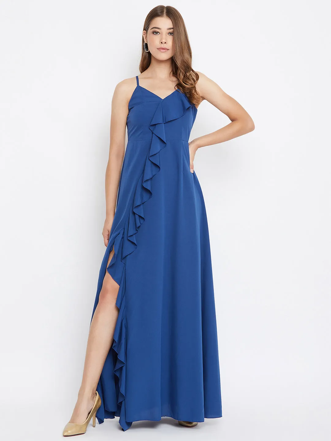 Berrylush Women Solid Blue V-Neck Thigh-High Slit Ruffled Maxi Dress