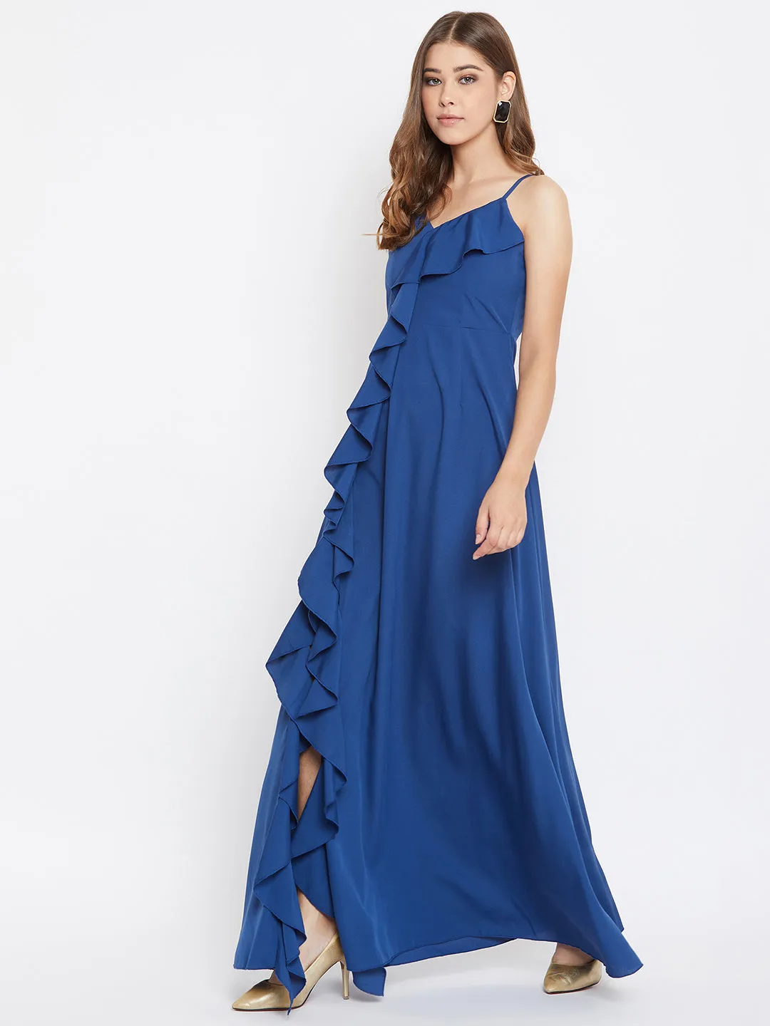 Berrylush Women Solid Blue V-Neck Thigh-High Slit Ruffled Maxi Dress