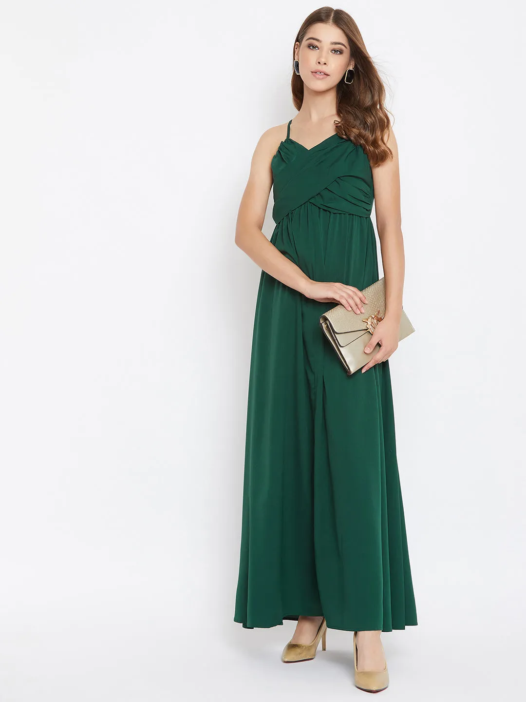 Berrylush Women Solid Green V-Neck Sleeveless Ruched Maxi Dress