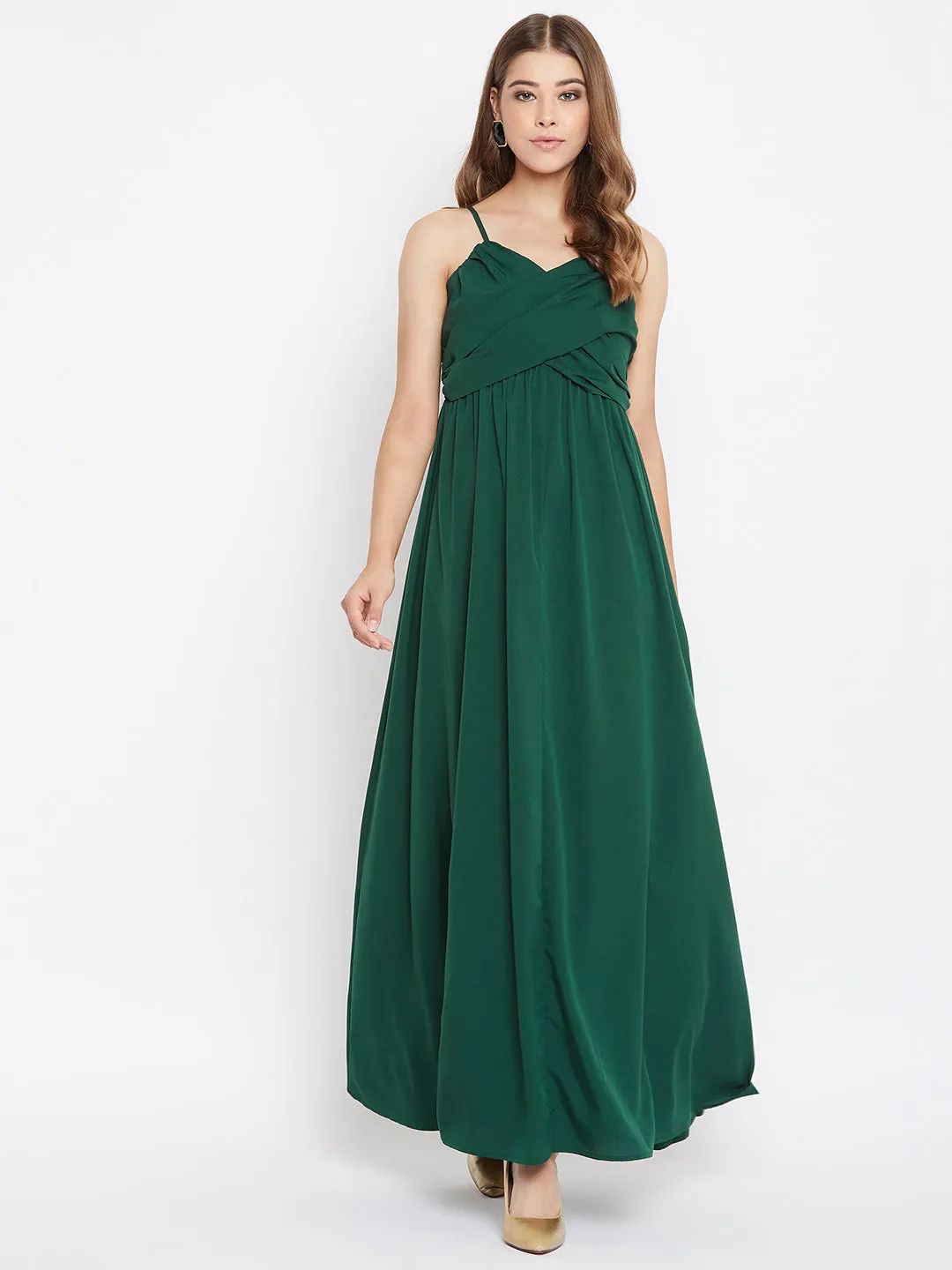 Berrylush Women Solid Green V-Neck Sleeveless Ruched Maxi Dress