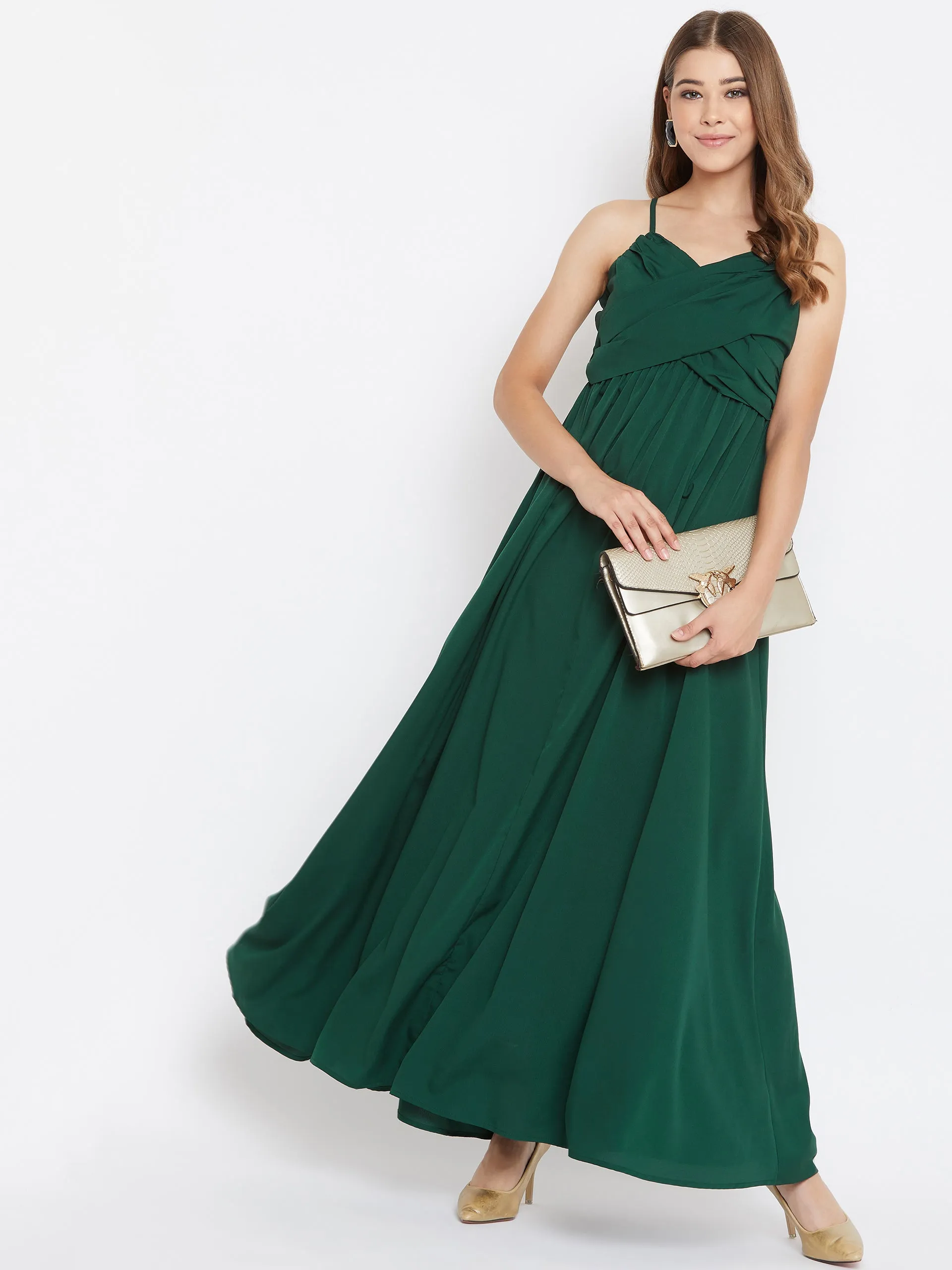 Berrylush Women Solid Green V-Neck Sleeveless Ruched Maxi Dress