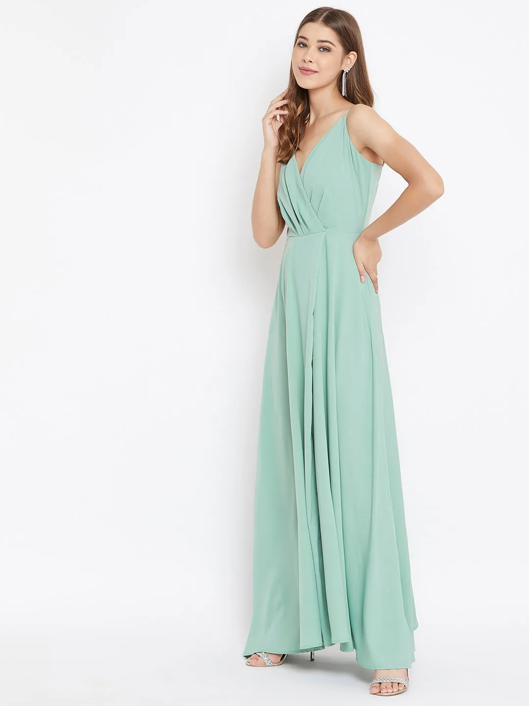 Berrylush Women Solid Green V-Neck Thigh-High Slit Flared Maxi Dress