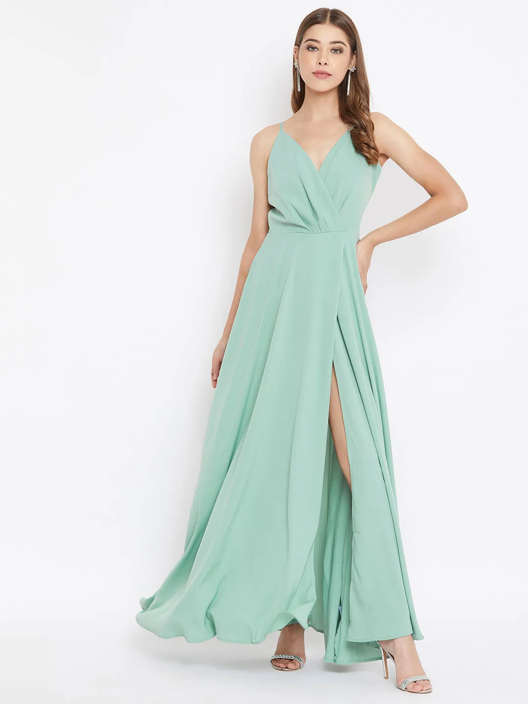 Berrylush Women Solid Green V-Neck Thigh-High Slit Flared Maxi Dress