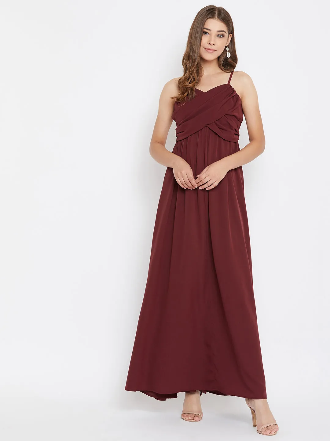 Berrylush Women Solid Maroon V-Neck Sleeveless Ruched Bust Maxi Dress