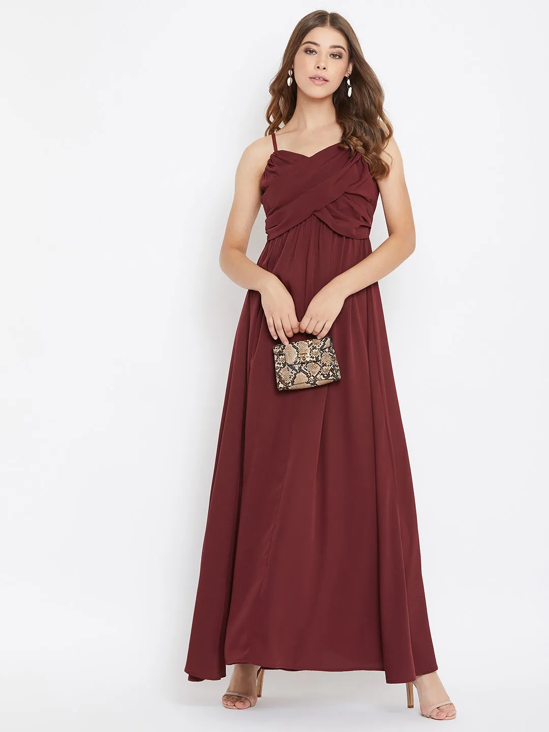 Berrylush Women Solid Maroon V-Neck Sleeveless Ruched Bust Maxi Dress