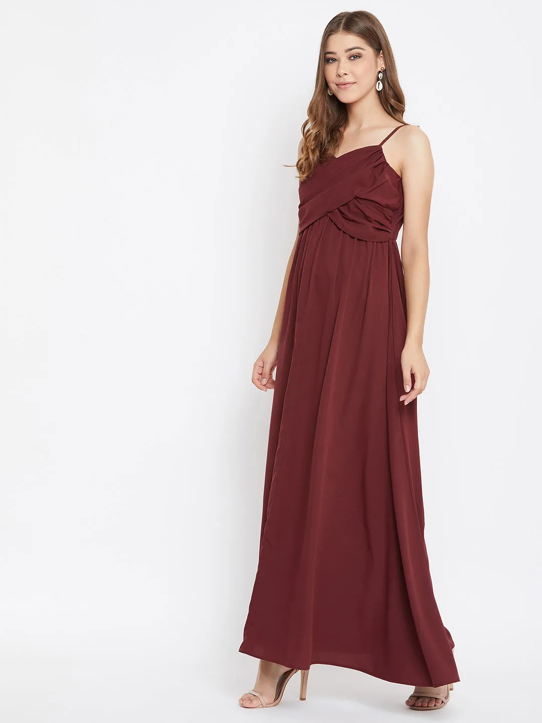 Berrylush Women Solid Maroon V-Neck Sleeveless Ruched Bust Maxi Dress