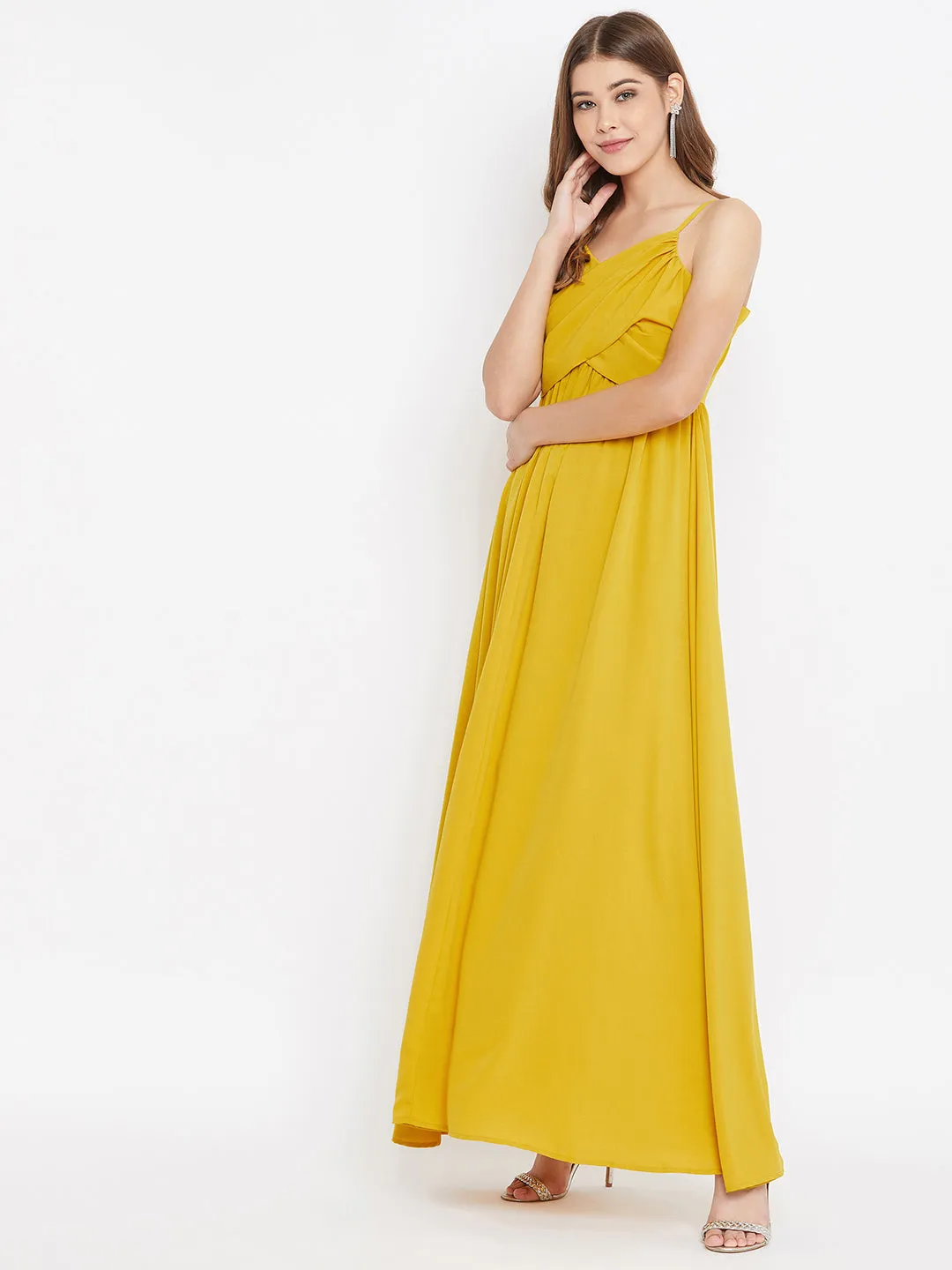 Berrylush Women Solid Yellow V-Neck Sleeveless Ruched Maxi Dress