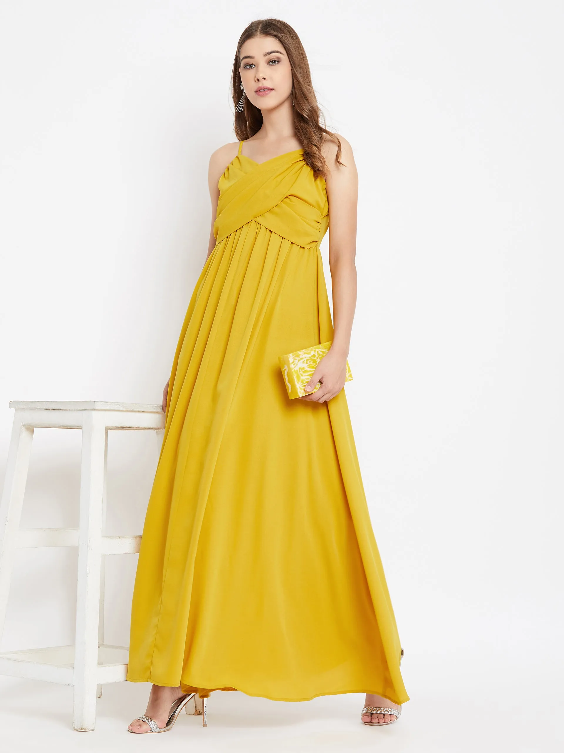 Berrylush Women Solid Yellow V-Neck Sleeveless Ruched Maxi Dress