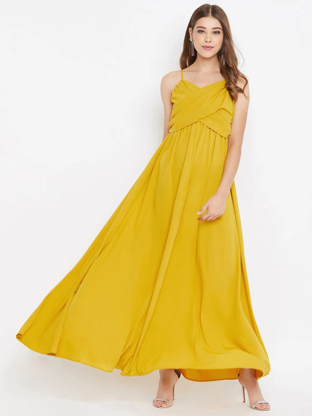 Berrylush Women Solid Yellow V-Neck Sleeveless Ruched Maxi Dress