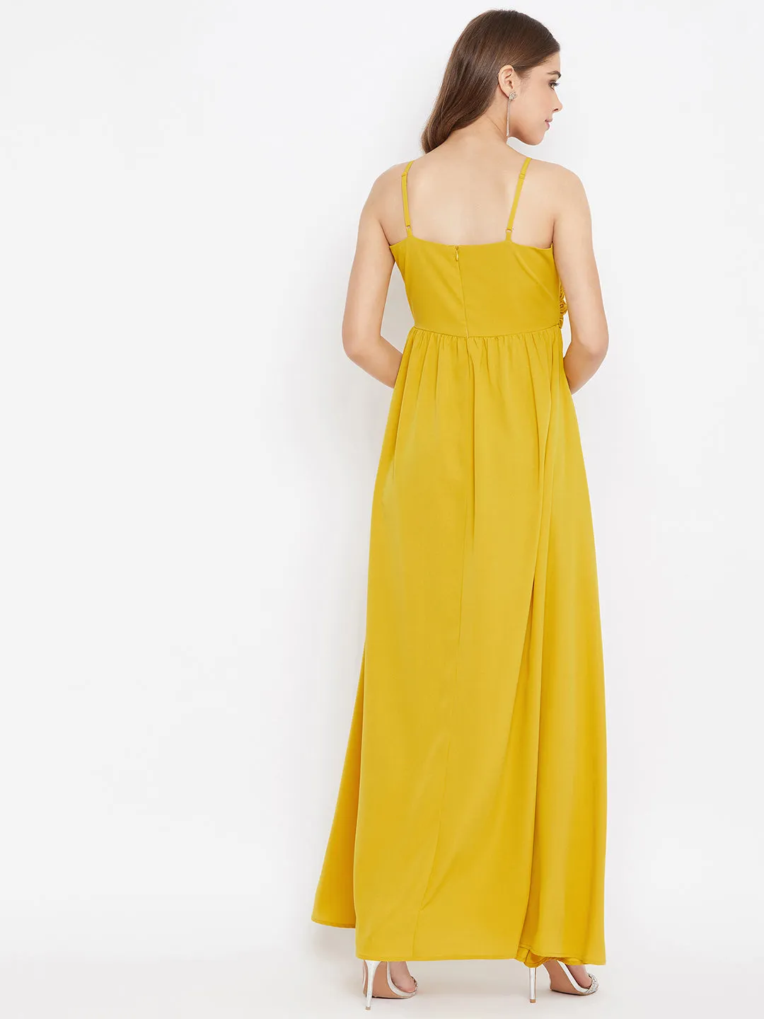 Berrylush Women Solid Yellow V-Neck Sleeveless Ruched Maxi Dress