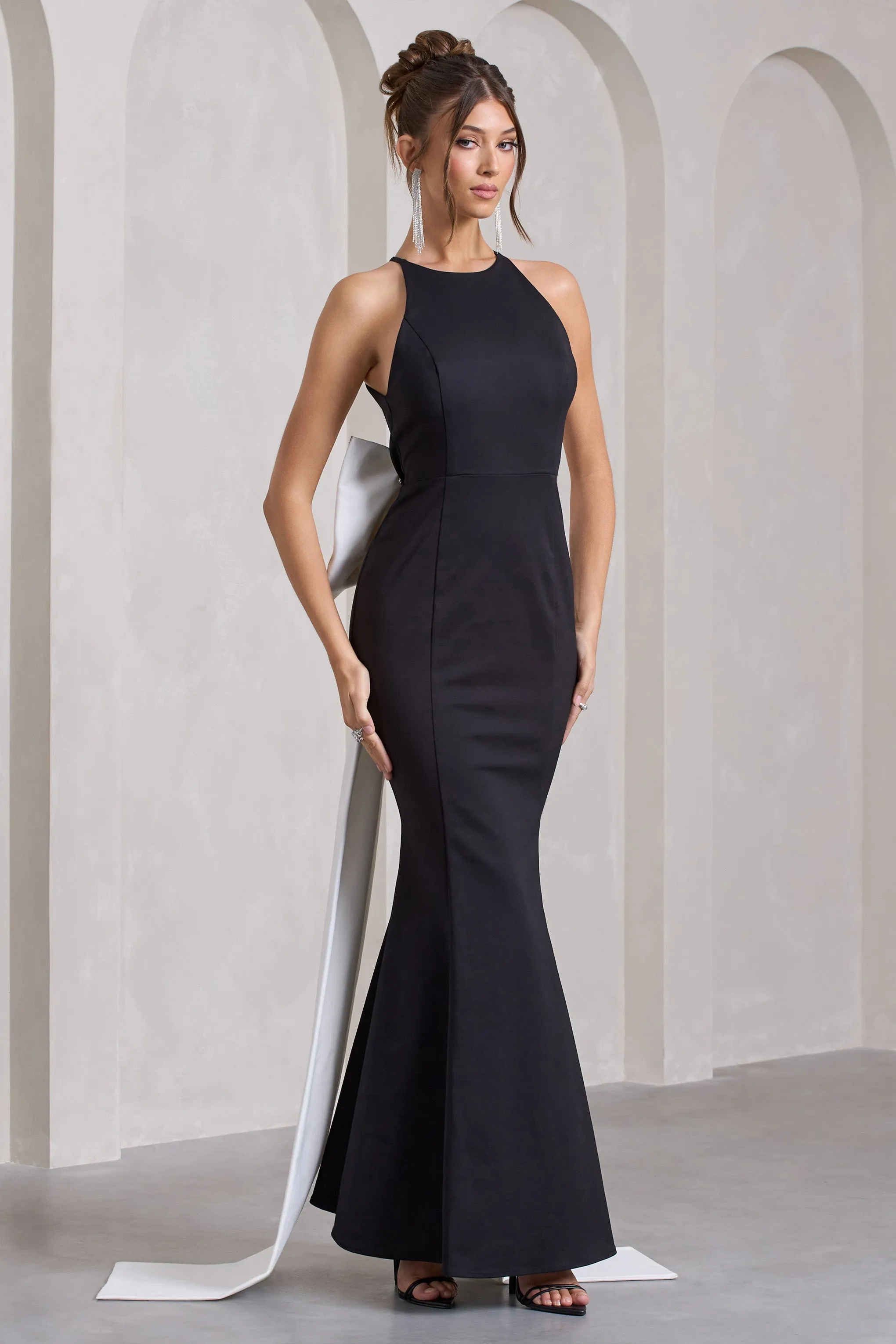 Bestow | Black Open-Back Maxi Dress With Oversized White Bow