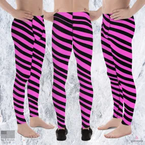 Black & Pink Striped Meggings, Diagonally Striped Men's Designer Premium Quality Running Tights- Made in USA/EU