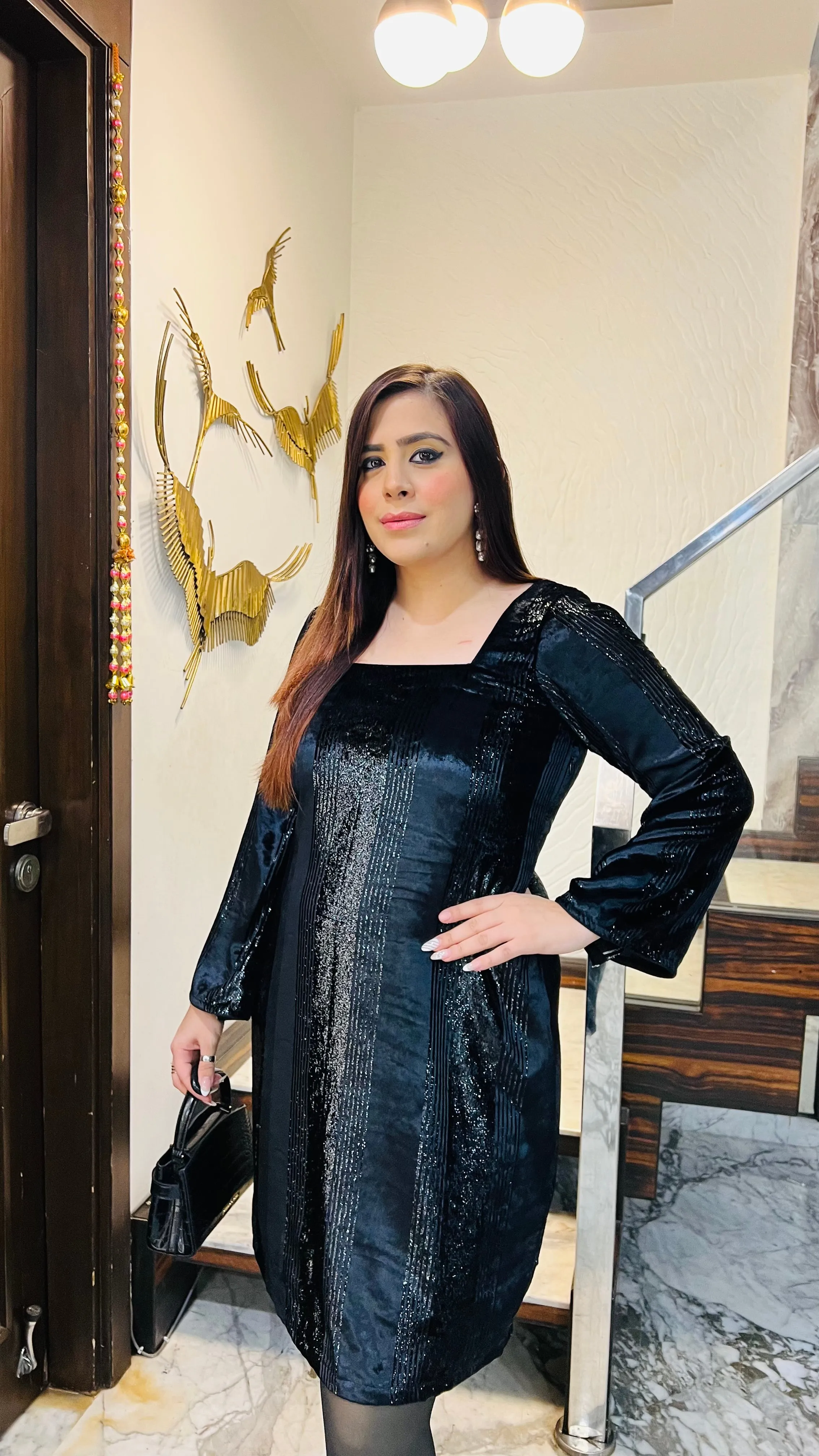 Black Foil Velvet Dress