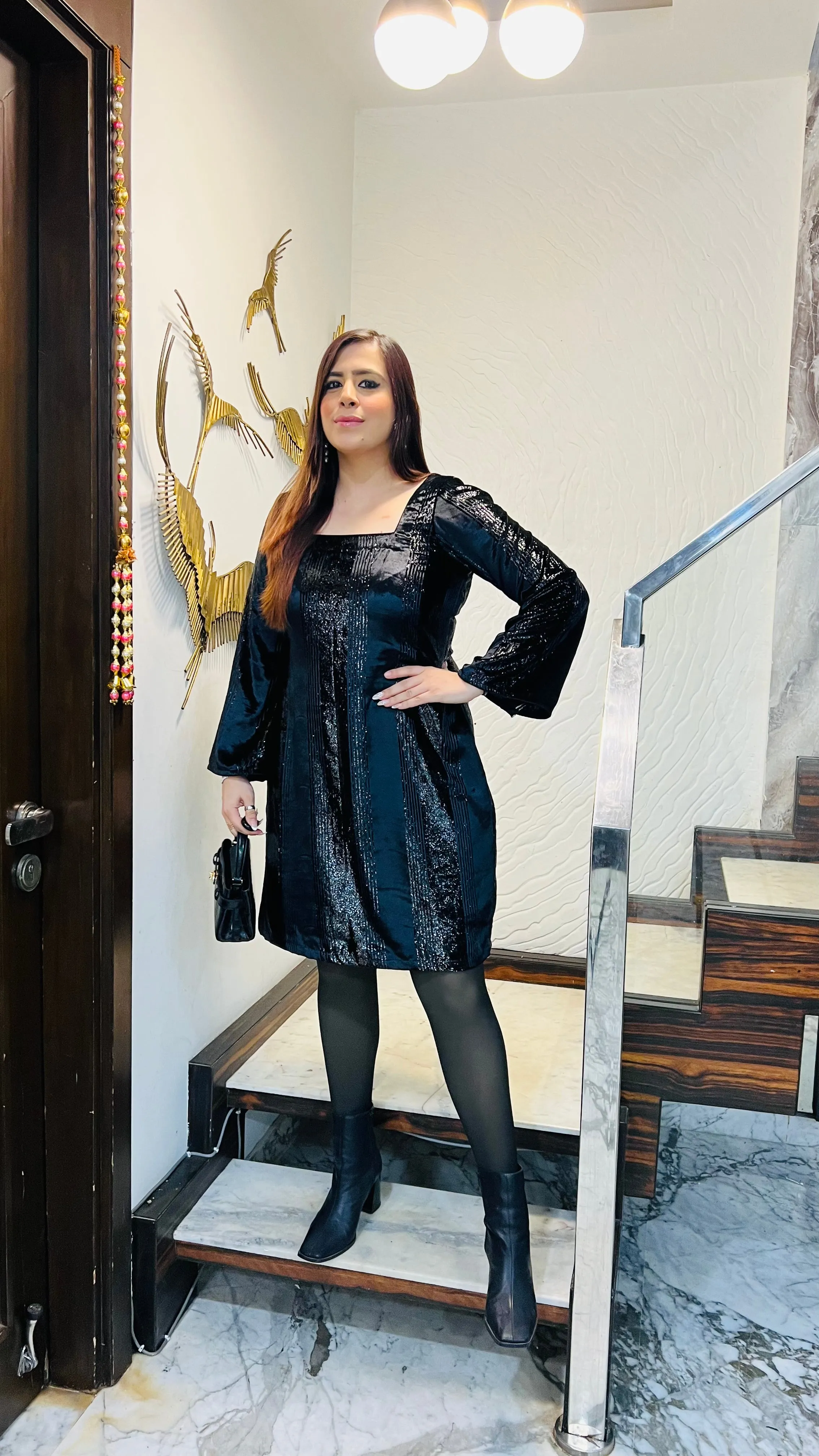 Black Foil Velvet Dress