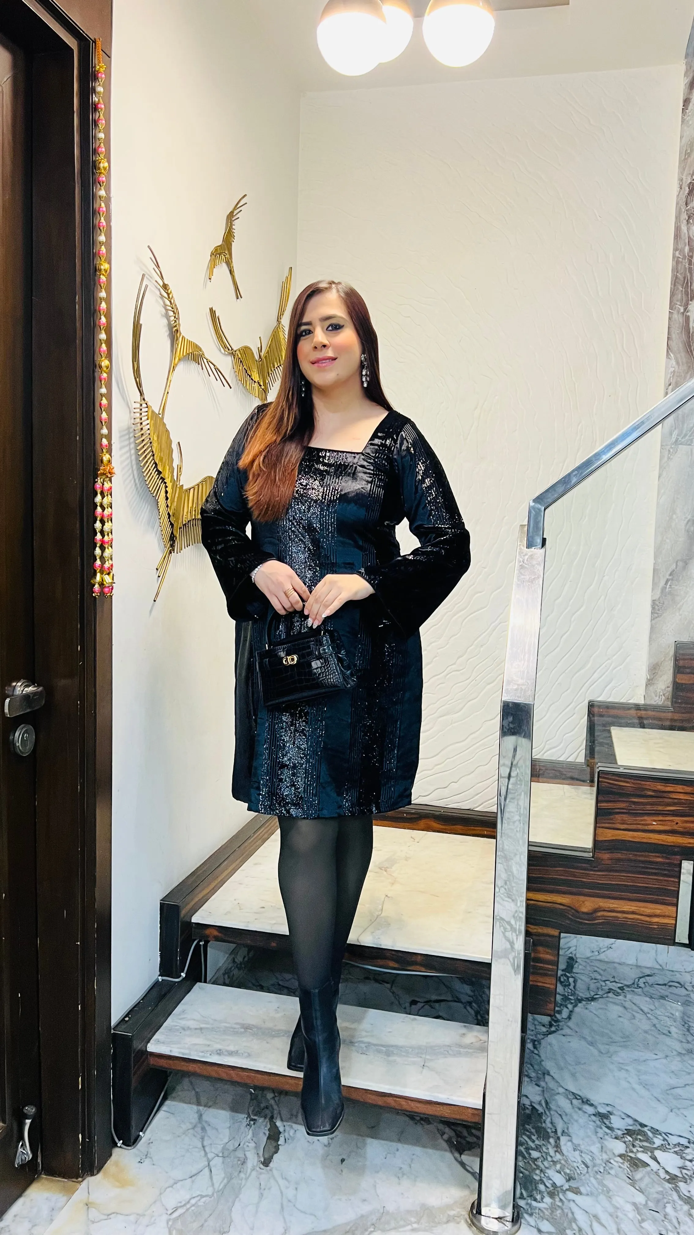 Black Foil Velvet Dress