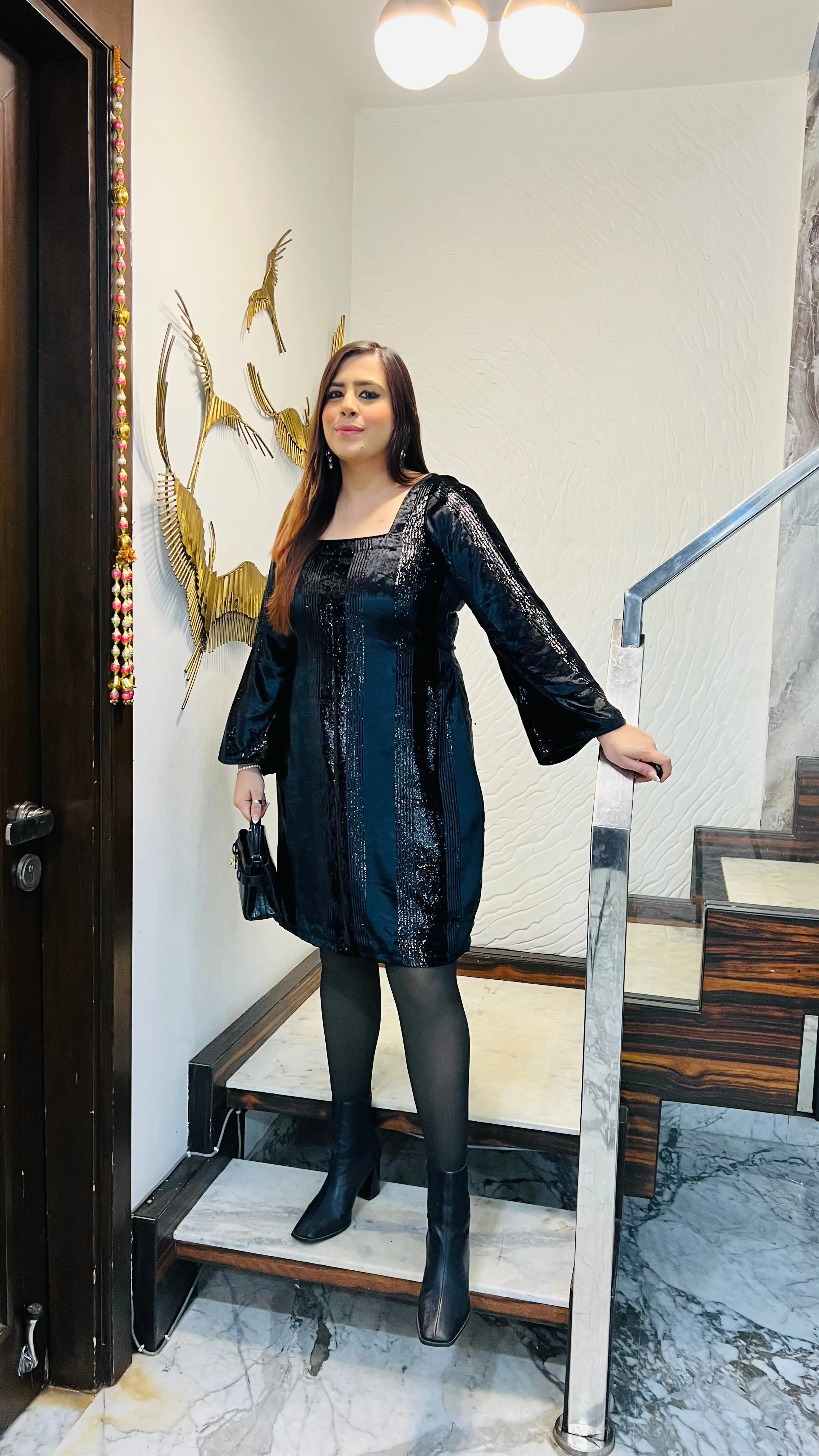 Black Foil Velvet Dress