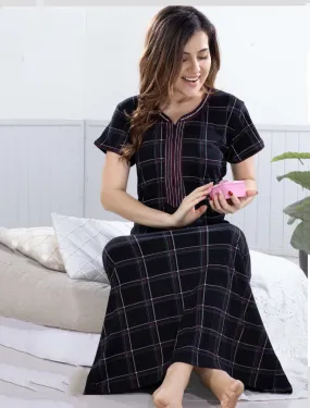 Black Printed Cotton Maxi Nightdress for Women