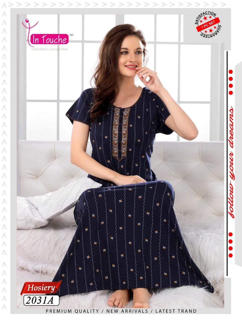 Blue Printed Cotton Maxi Night Wear for Women