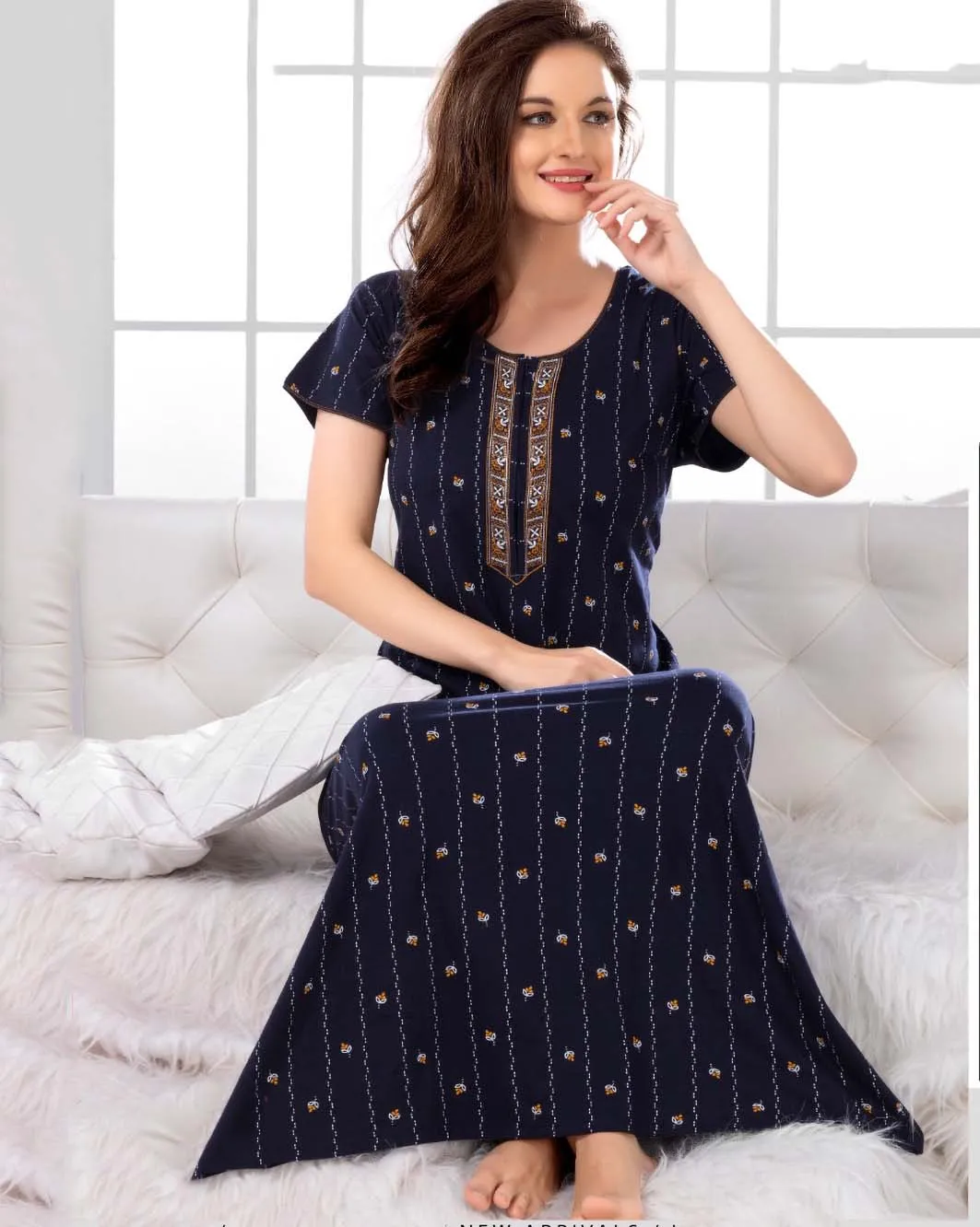 Blue Printed Cotton Maxi Night Wear for Women