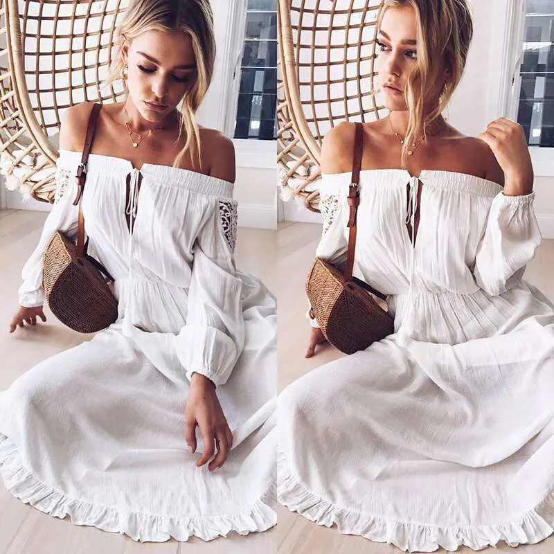 Bohemian Asymmetrical Ruffles Crochet Lace Off Shoulder Dress