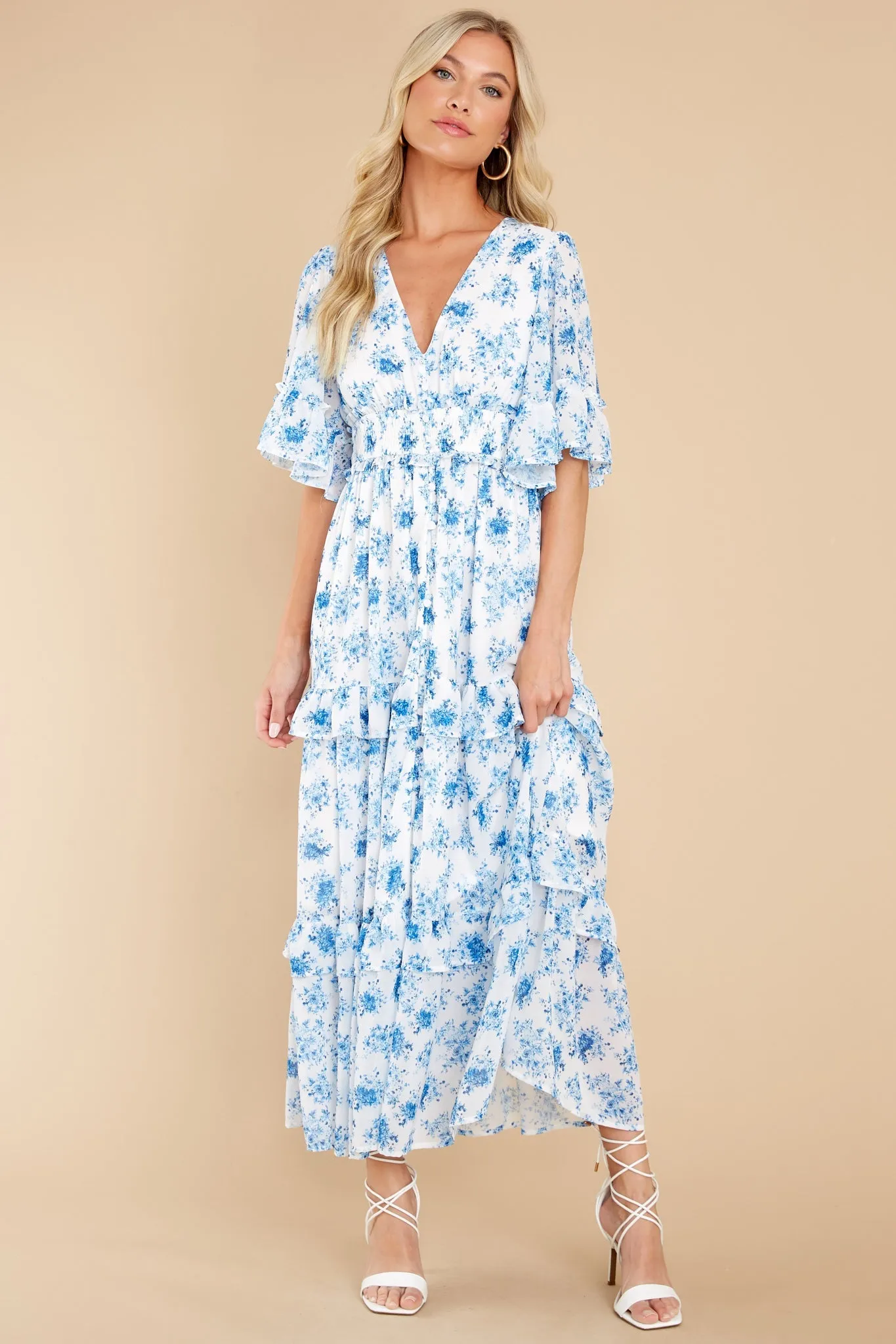 Bright Mornings White And Blue Floral Print Maxi Dress