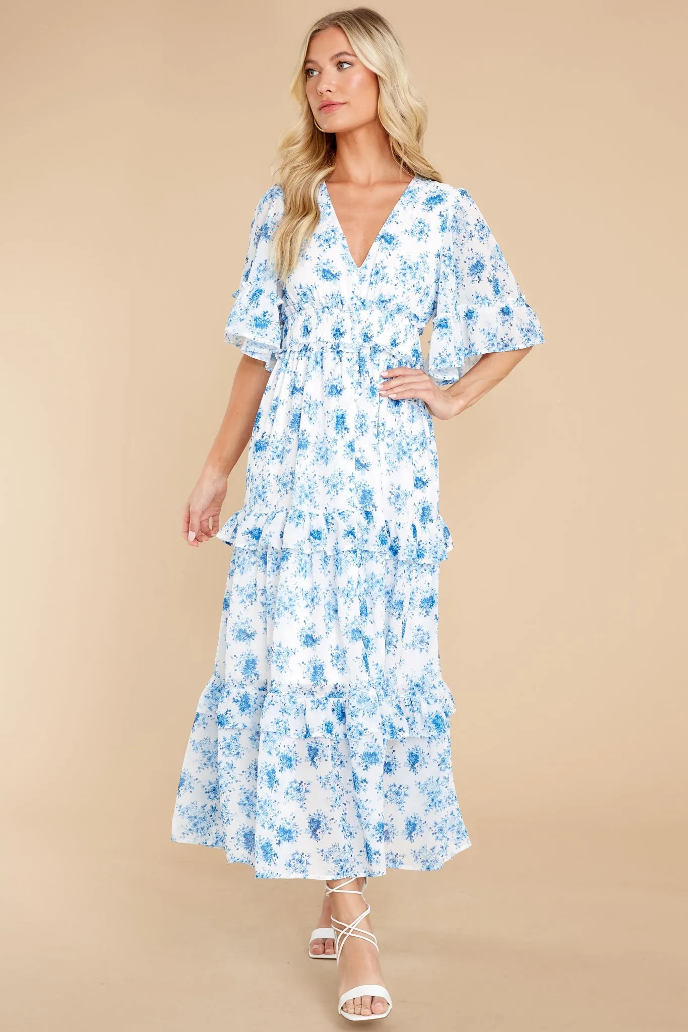 Bright Mornings White And Blue Floral Print Maxi Dress