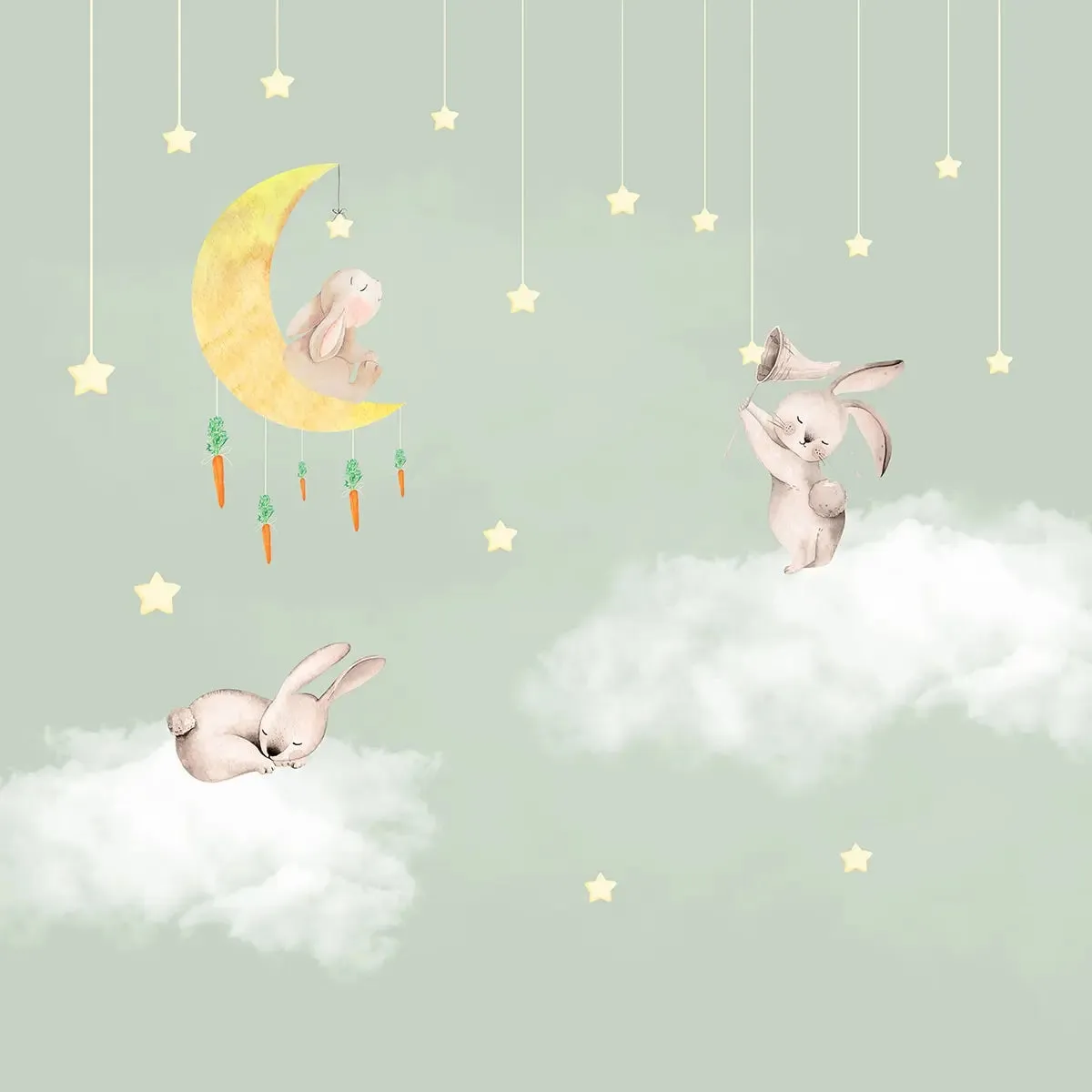 Bunnies in Sky Kids Room Wallpaper Pastel Green