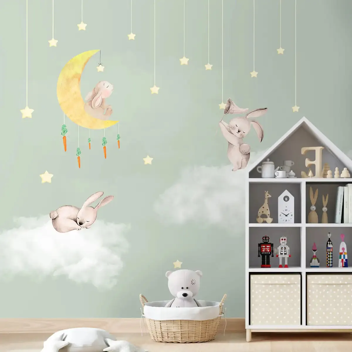 Bunnies in Sky Kids Room Wallpaper Pastel Green