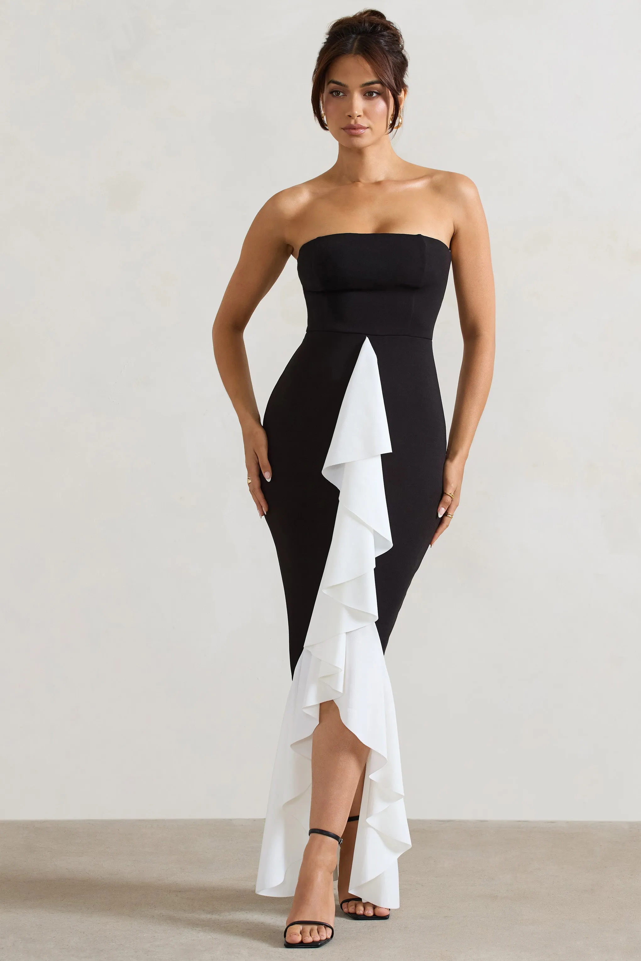 Carbonne | Black & White Bandeau Ruffled Maxi Dress