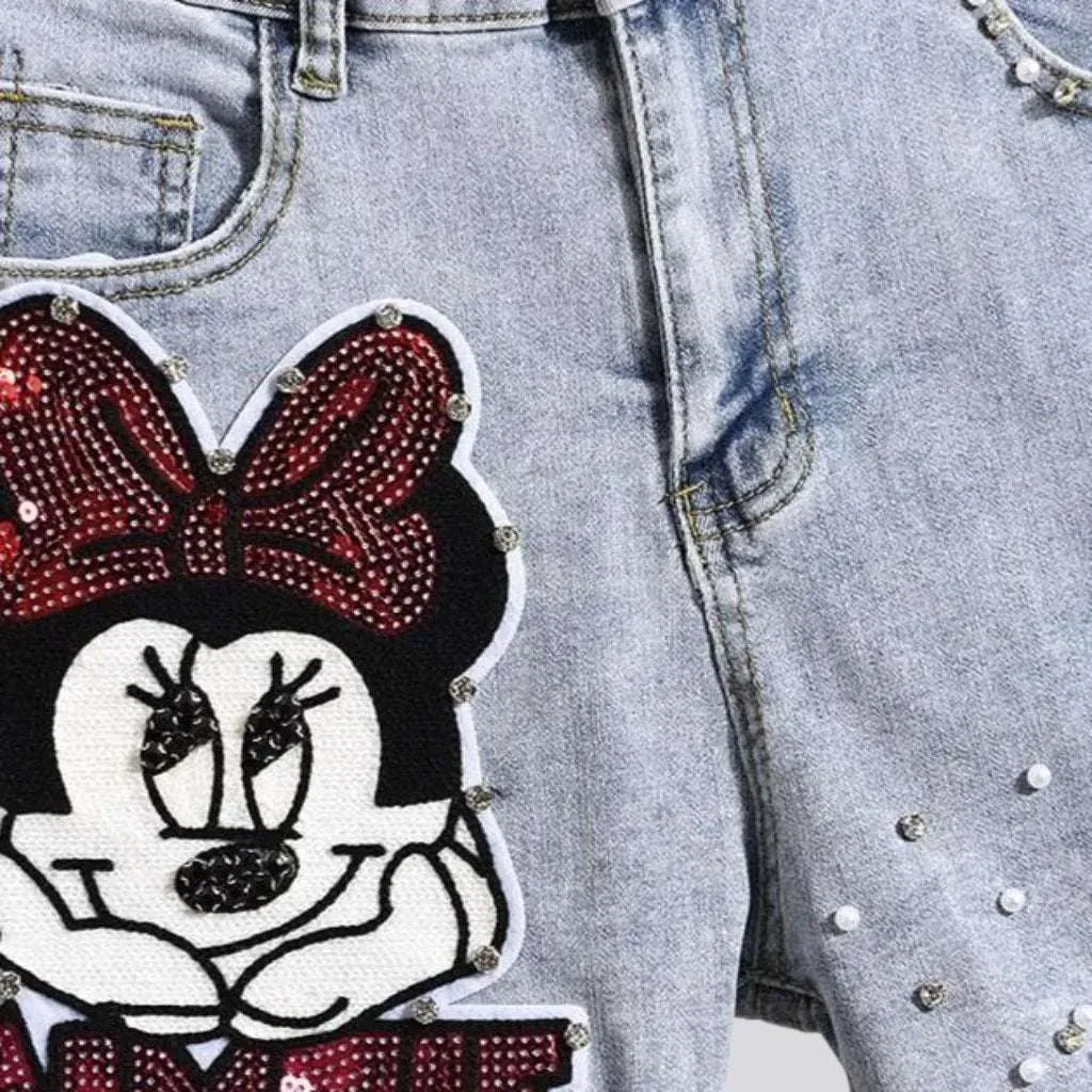 Cartoon embroidery pearl jeans shorts