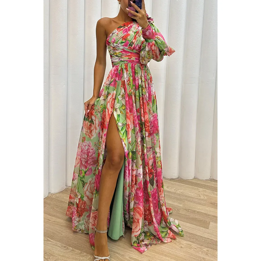 Casual Split Dress Loose Multi Color Oblique One Shoulder Dress